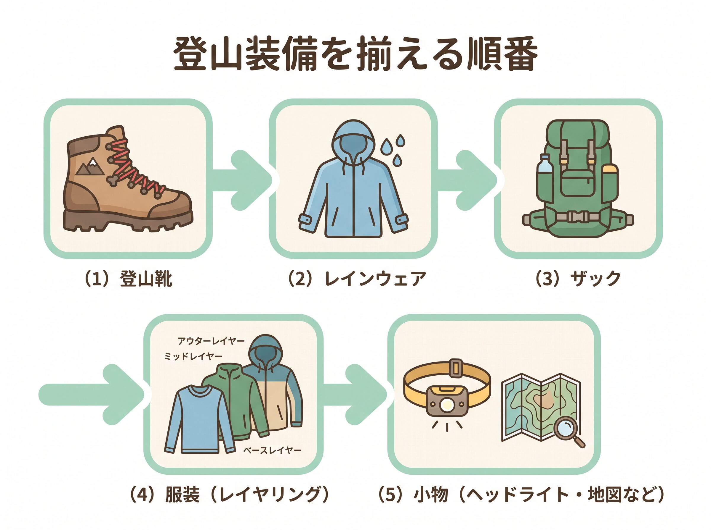 登山装備を揃える順番:登山靴→レインウェア→ザック→服装(レイヤリング)→小物の5ステップ図解